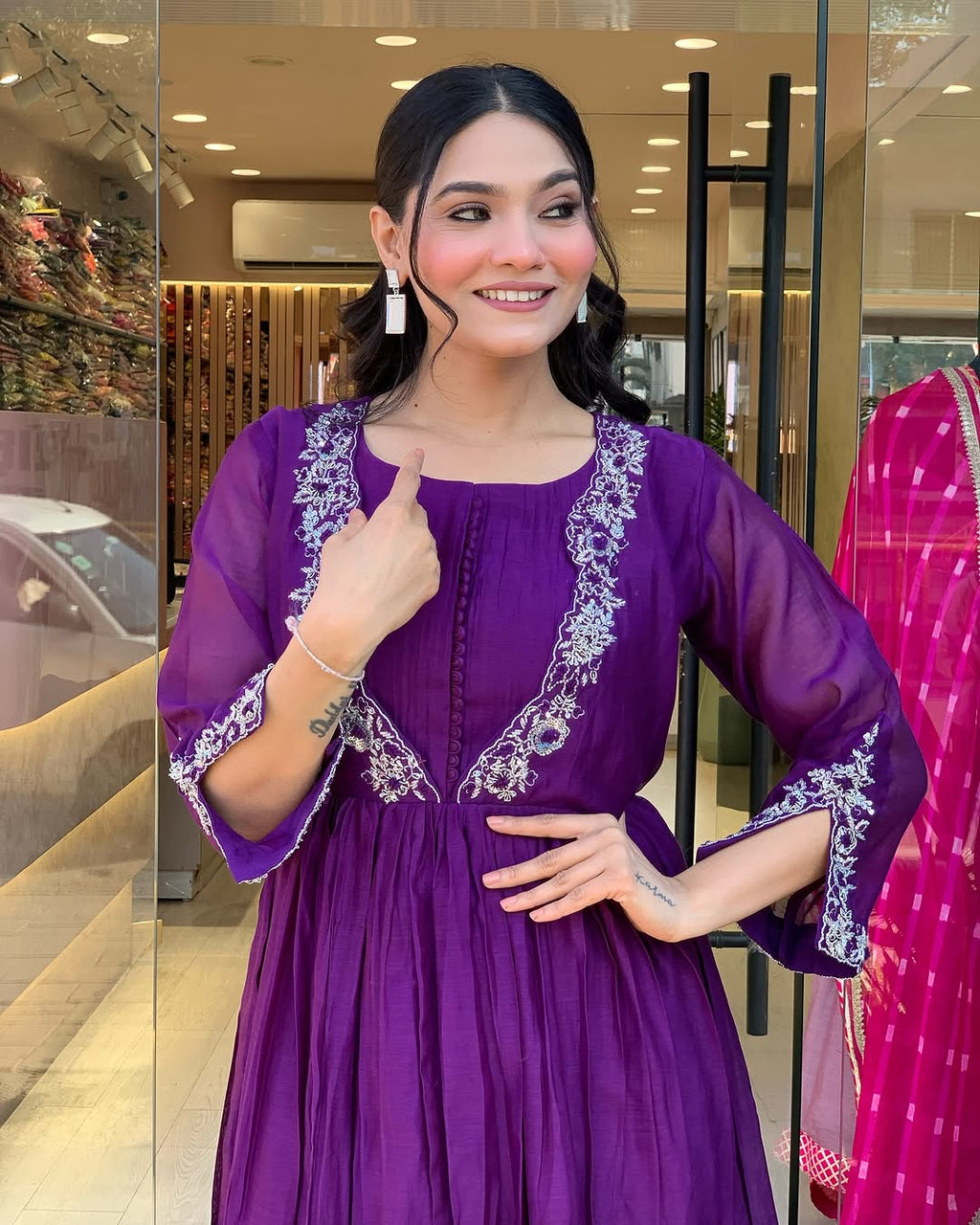 Women's Chinon Kurti Pant Set with Embroidered Chanderi Dupatta