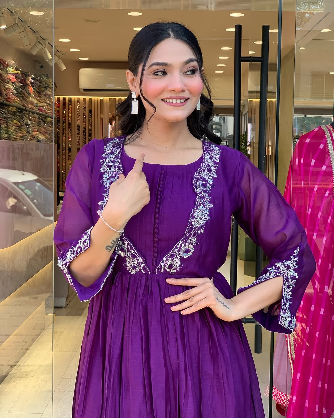 Women's Chinon Kurti Pant Set with Embroidered Chanderi Dupatta