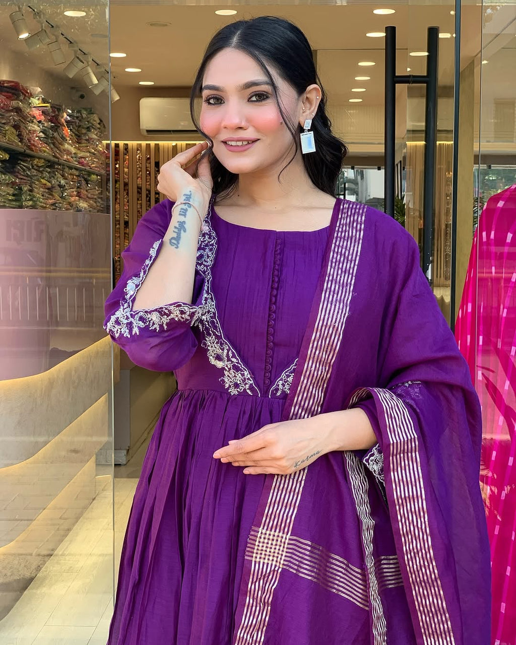 Women's Chinon Kurti Pant Set with Embroidered Chanderi Dupatta