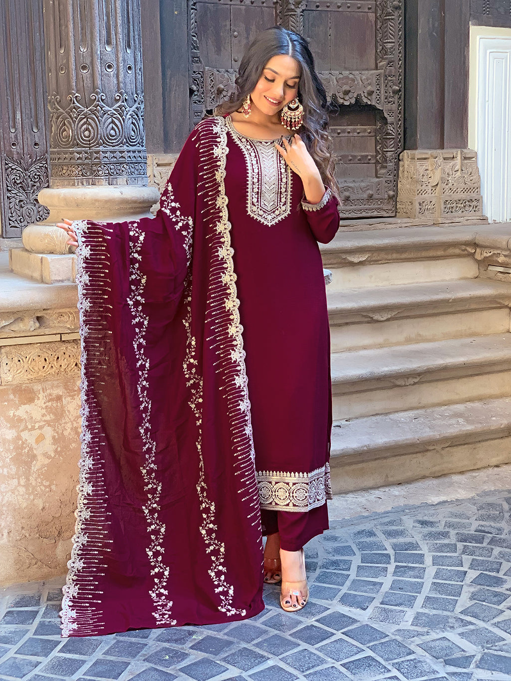 Women's Wine Vichitra Silk Embroidered Straight Kurta with Vichitra Silk Pant And Chinon Laced Dupatta Sets