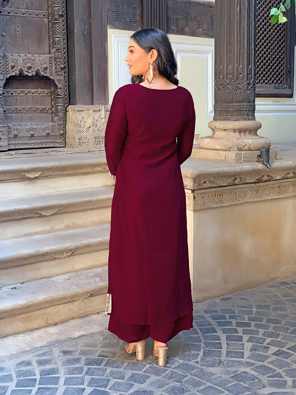 Women's Wine Vichitra Silk Embroidered Straight Kurta with Vichitra Silk Pant And Chinon Laced Dupatta Sets