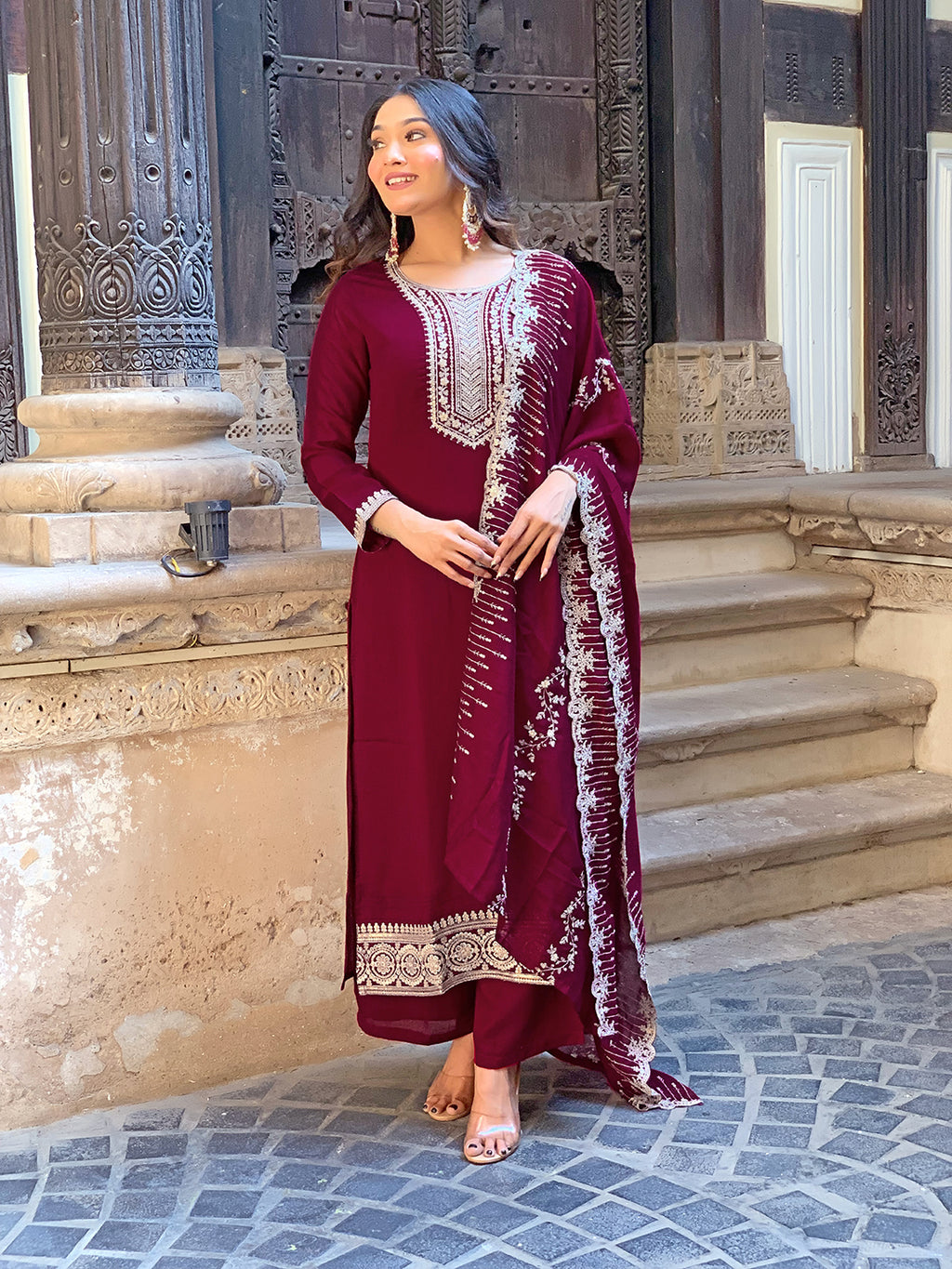Women's Wine Vichitra Silk Embroidered Straight Kurta with Vichitra Silk Pant And Chinon Laced Dupatta Sets