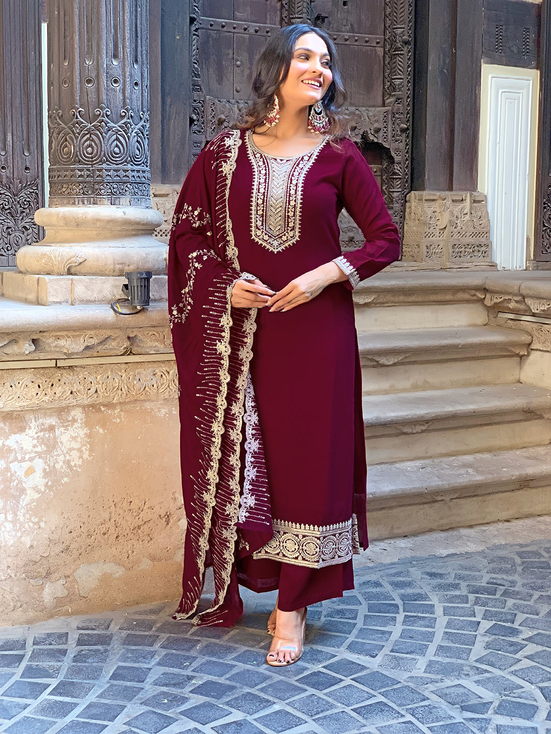 Women's Wine Vichitra Silk Embroidered Straight Kurta with Vichitra Silk Pant And Chinon Laced Dupatta Sets