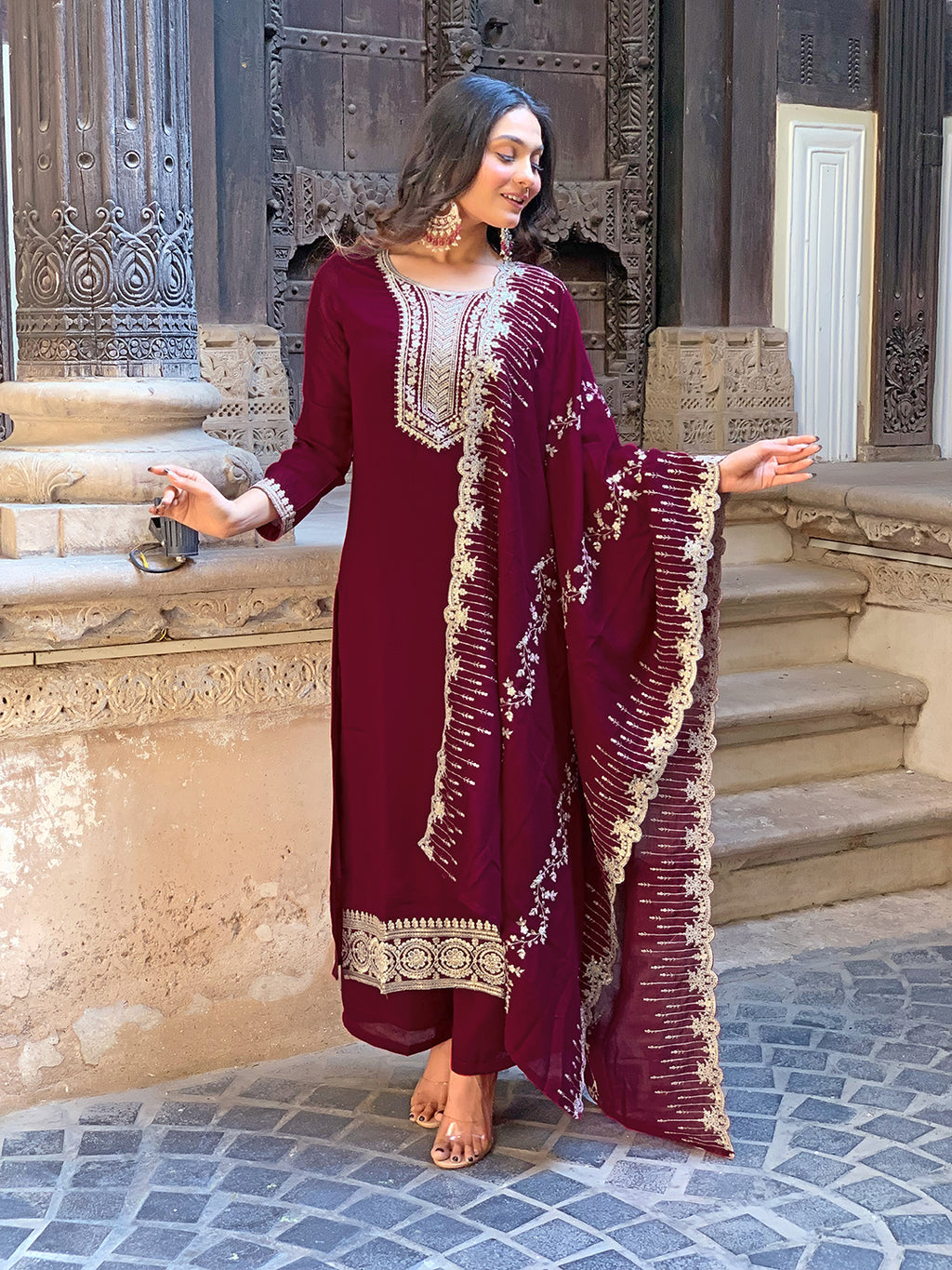 Women's Wine Vichitra Silk Embroidered Straight Kurta with Vichitra Silk Pant And Chinon Laced Dupatta Sets