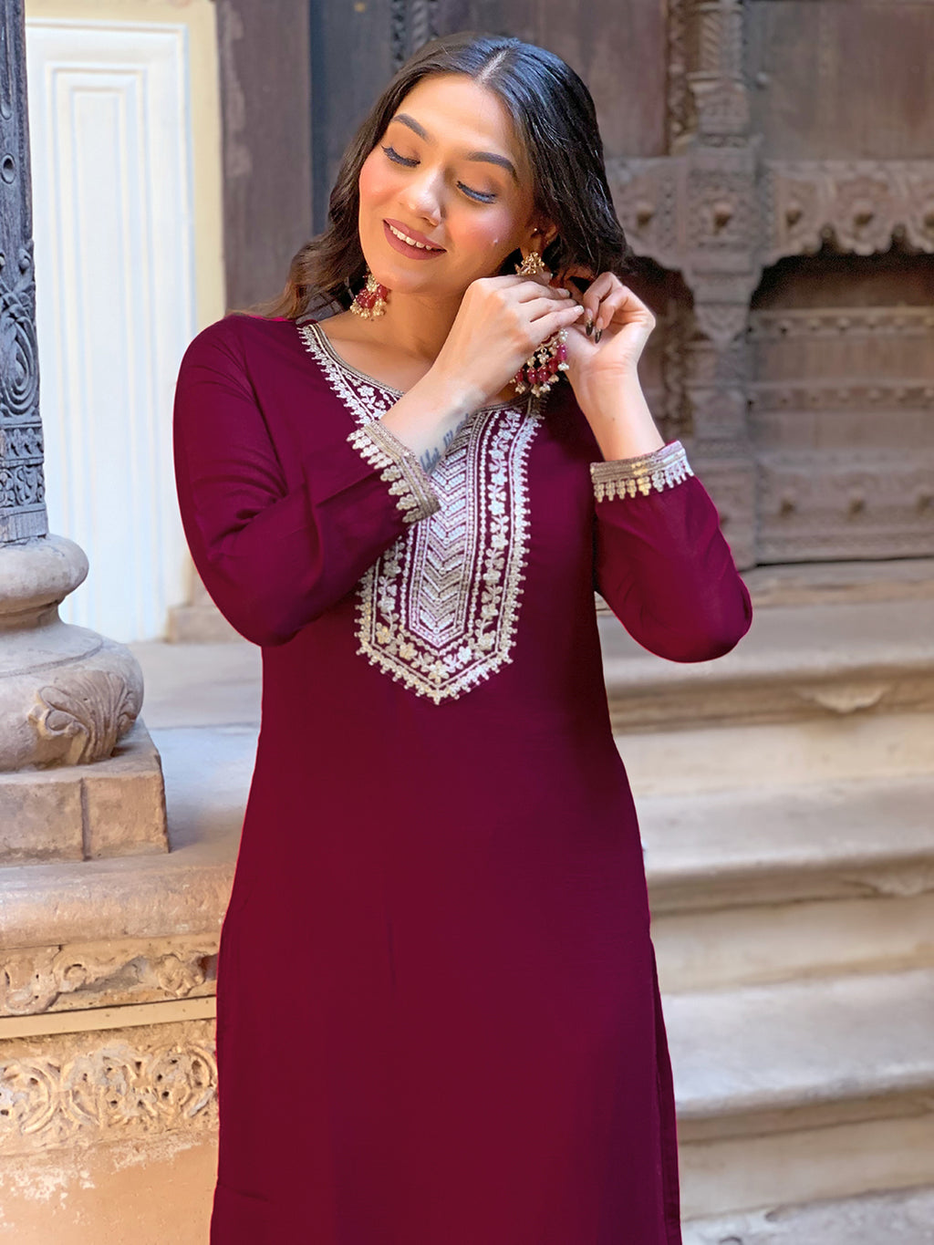 Women's Wine Vichitra Silk Embroidered Straight Kurta with Vichitra Silk Pant And Chinon Laced Dupatta Sets