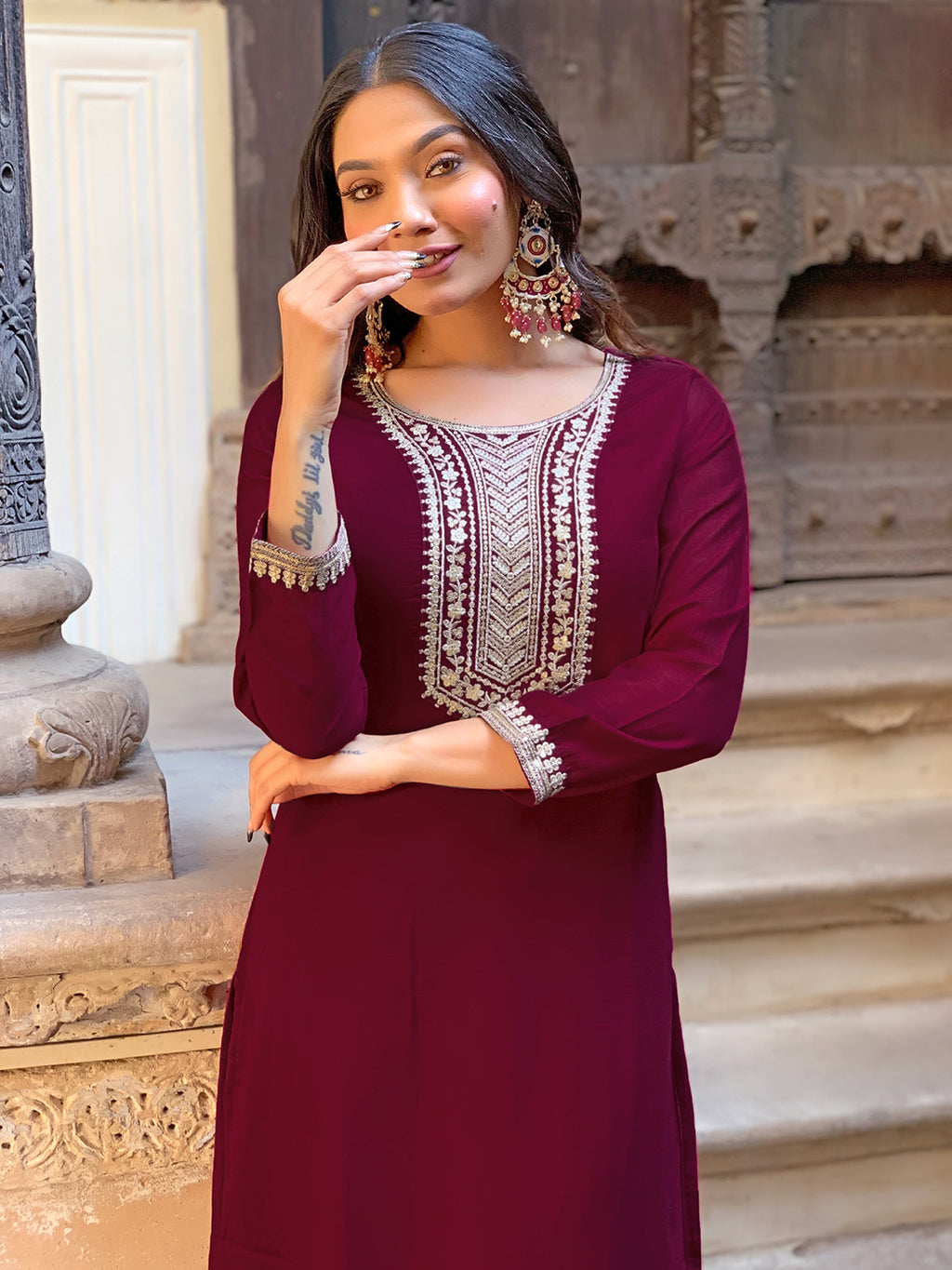 Women's Wine Vichitra Silk Embroidered Straight Kurta with Vichitra Silk Pant And Chinon Laced Dupatta Sets