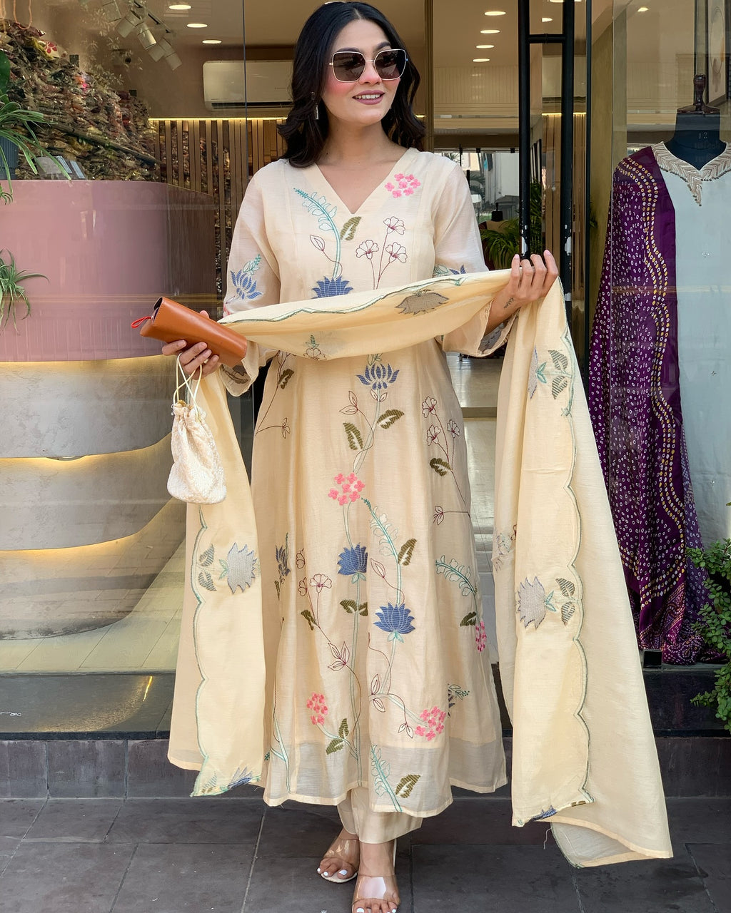 Viscose Chanderi Embroidered Kurti Set with Dupatta