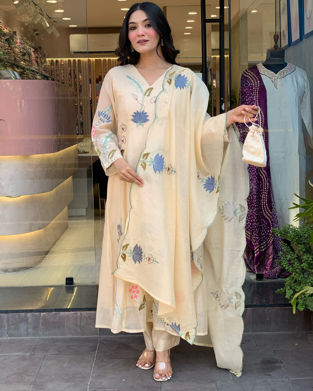 Viscose Chanderi Embroidered Kurti Set with Dupatta