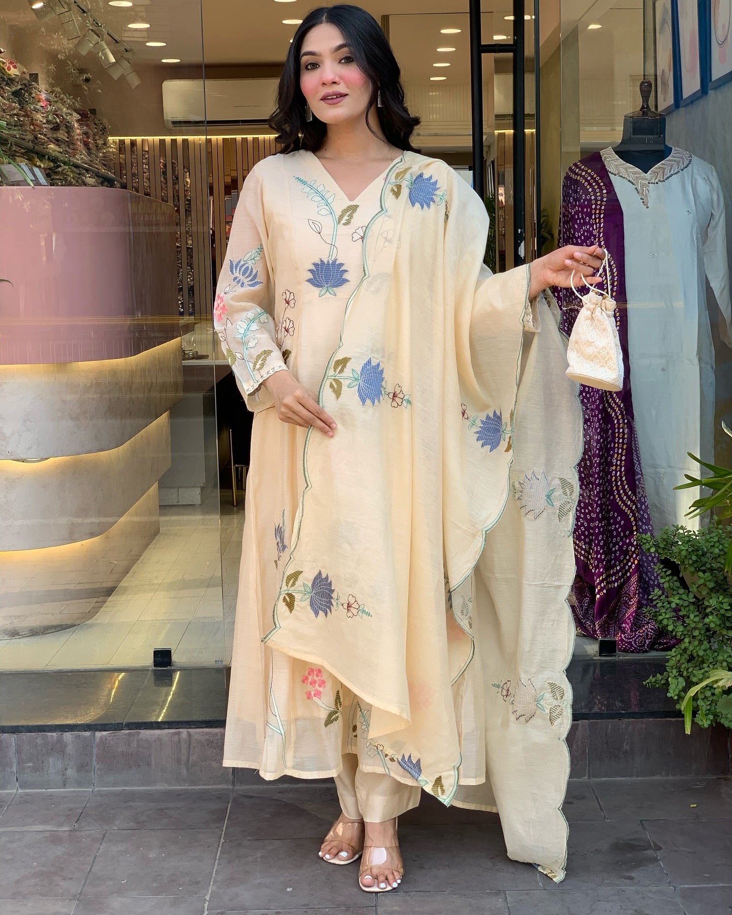 Viscose Chanderi Embroidered Kurti Set with Dupatta