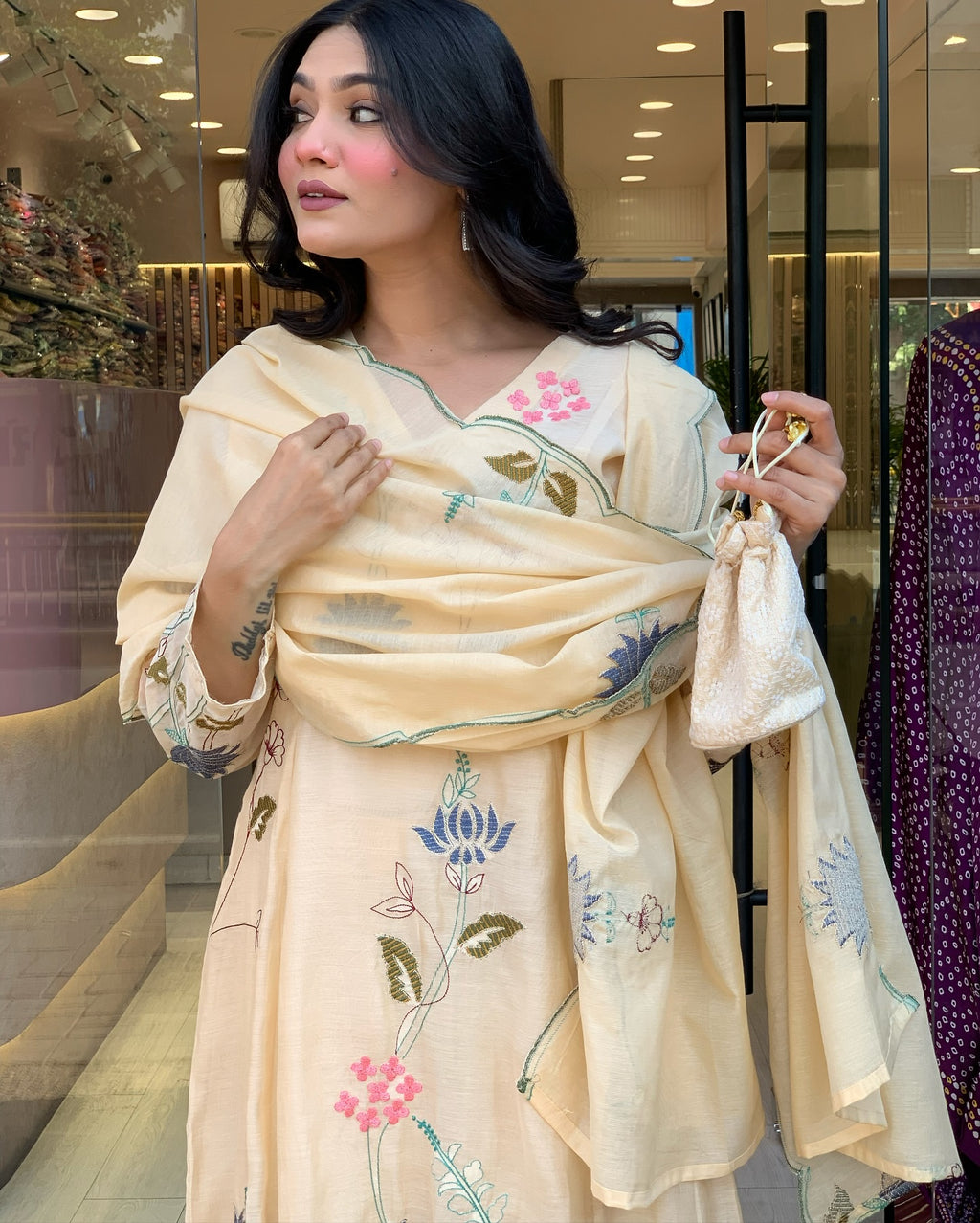 Viscose Chanderi Embroidered Kurti Set with Dupatta