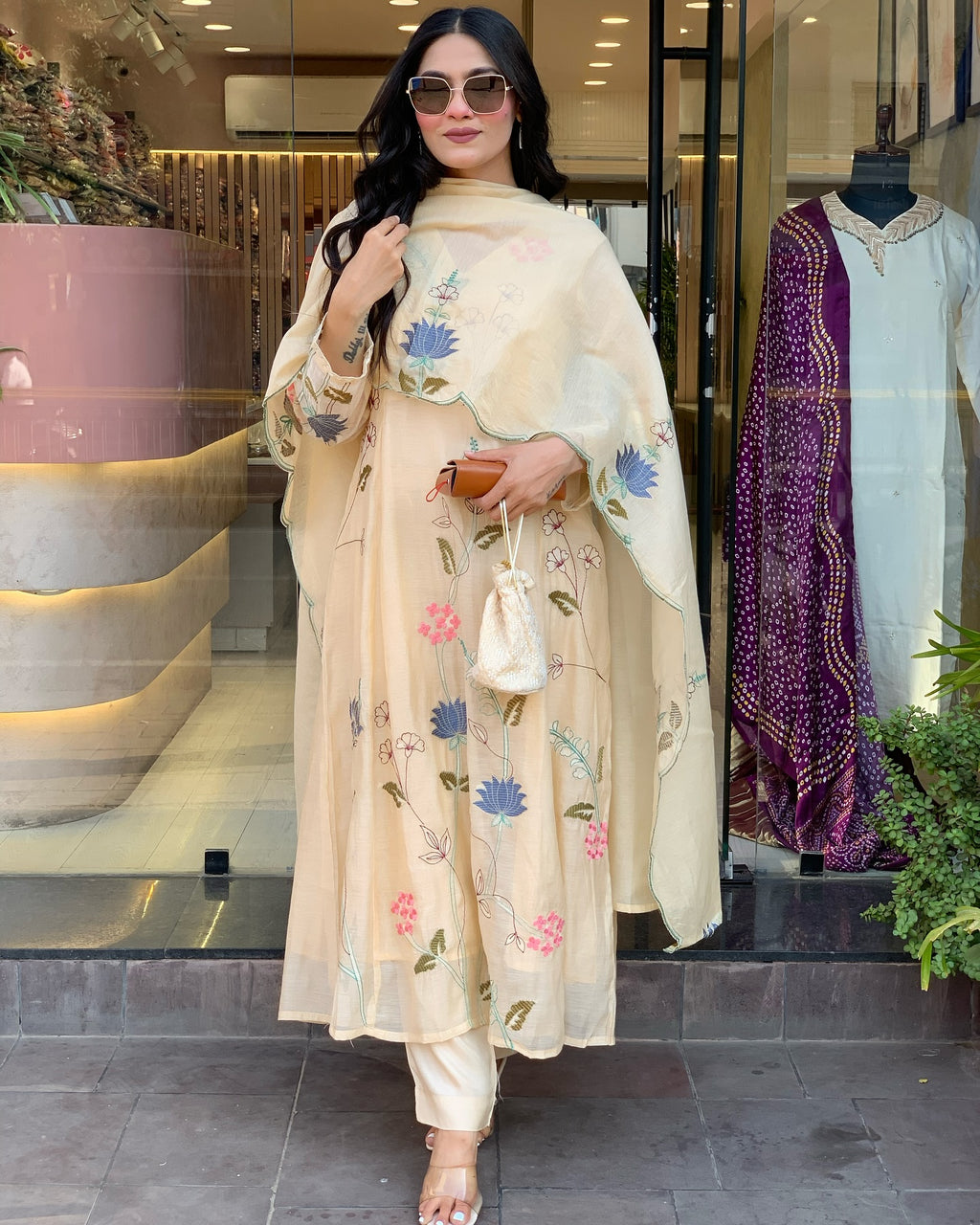 Viscose Chanderi Embroidered Kurti Set with Dupatta