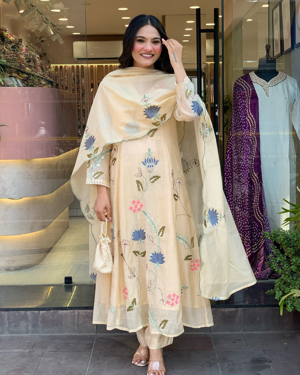 Viscose Chanderi Embroidered Kurti Set with Dupatta