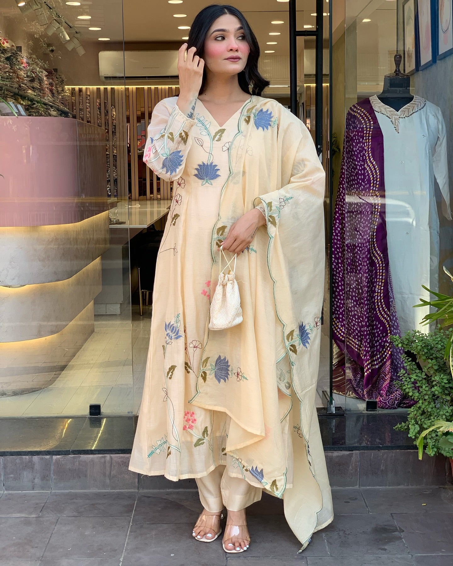 Viscose Chanderi Embroidered Kurti Set with Dupatta