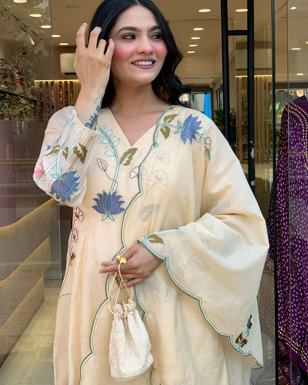 Viscose Chanderi Embroidered Kurti Set with Dupatta