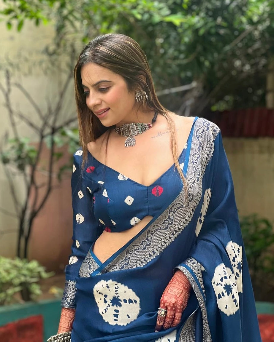 Navy Blue Tussar Silk Saree with White Floral Prints & Zari Border