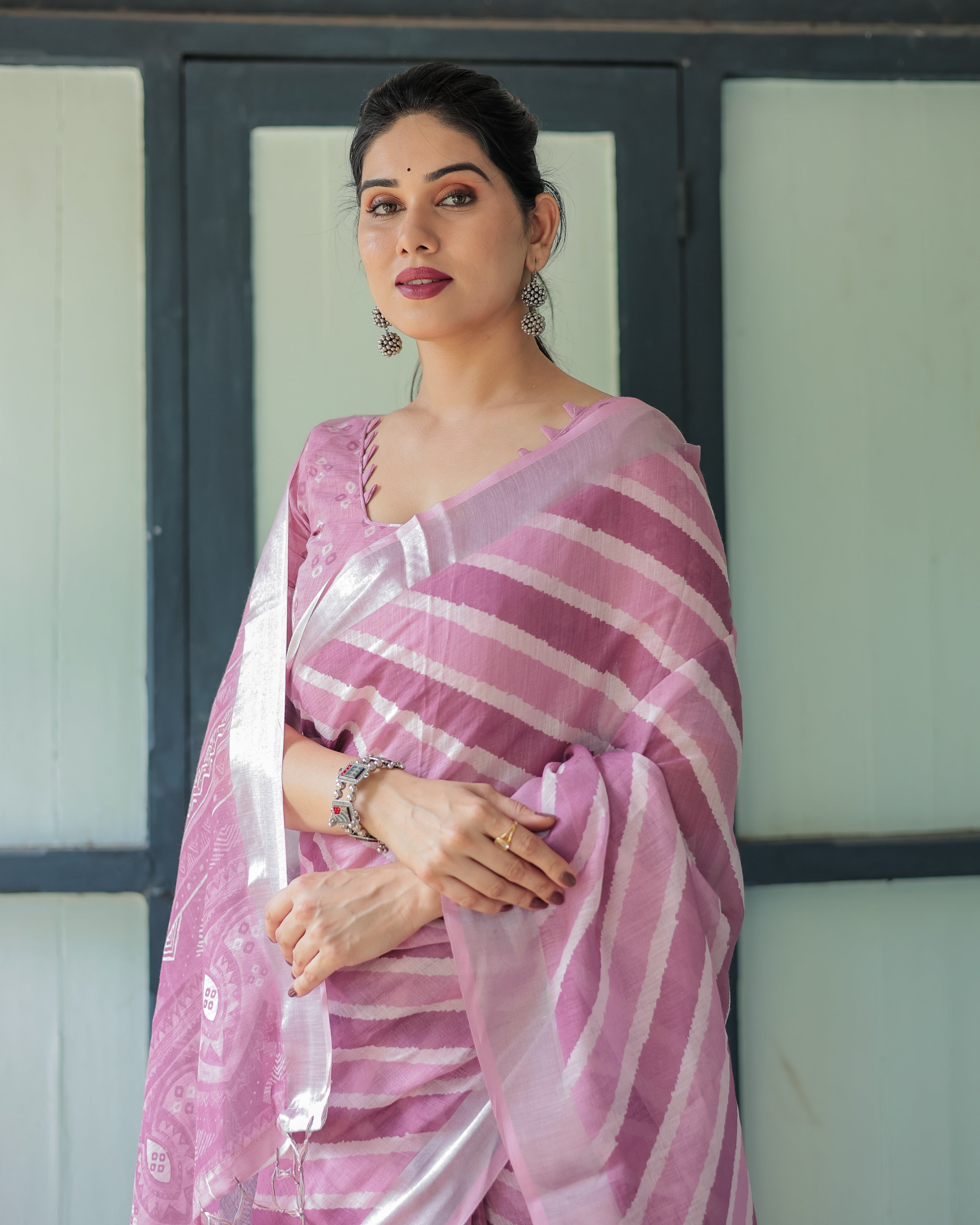 Purple Chevron Print Pure Cotton Linen Saree with Blouse and Tassels