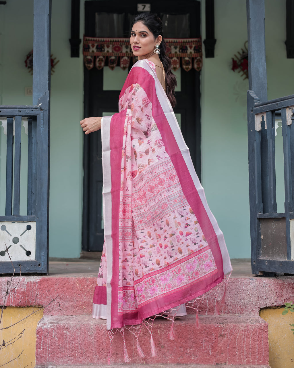 Soft Pink and Magenta Floral & Foliage Print Cotton Linen Saree with Blouse and Tassel Finish