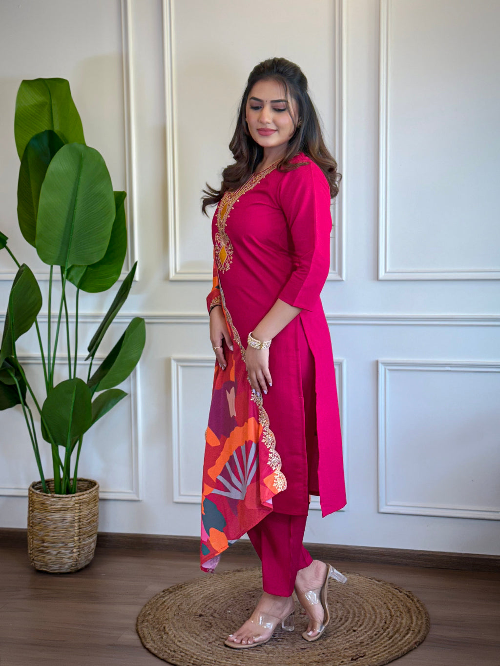 Women's Red Chanderi Embroidered Kurta Set with Pant and Dupatta