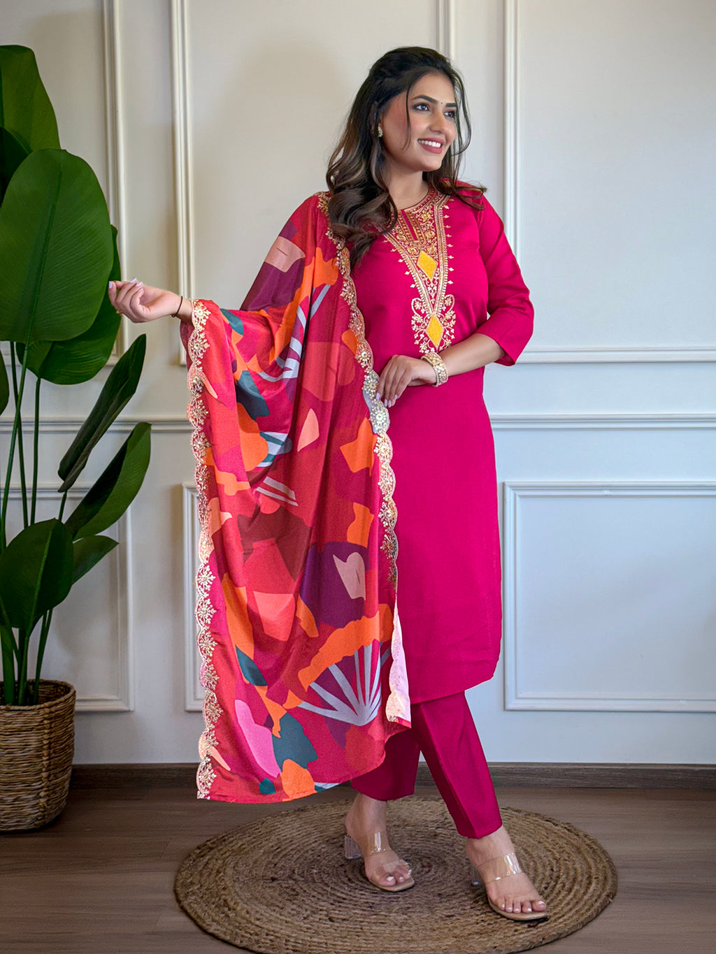 Women's Red Chanderi Embroidered Kurta Set with Pant and Dupatta