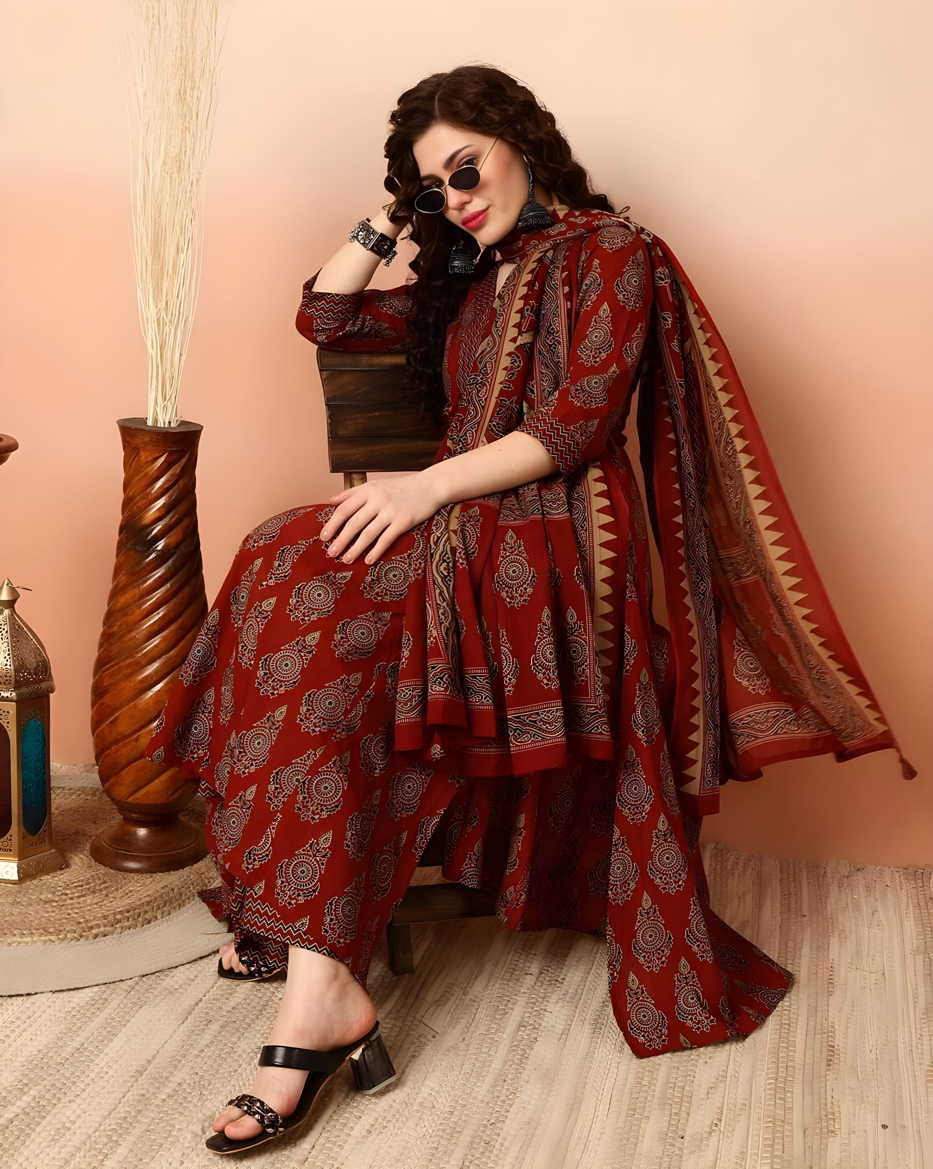 Rayon Silk Flared Kurta Set with Rayon Pant and Silk Dupatta