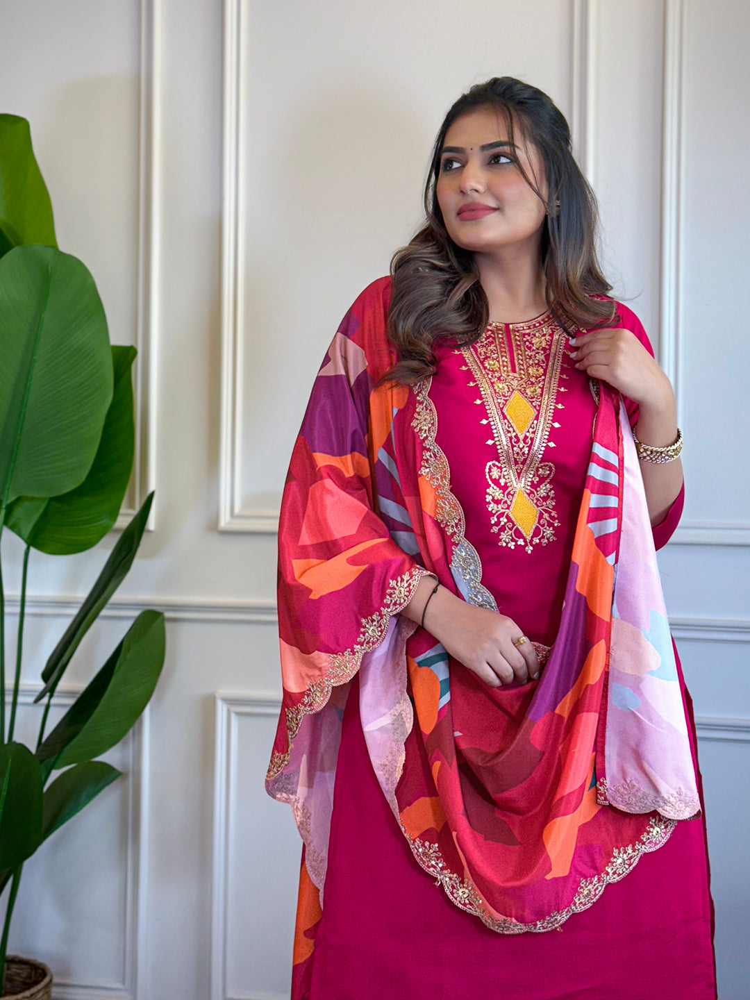 Women's Red Chanderi Embroidered Kurta Set with Pant and Dupatta