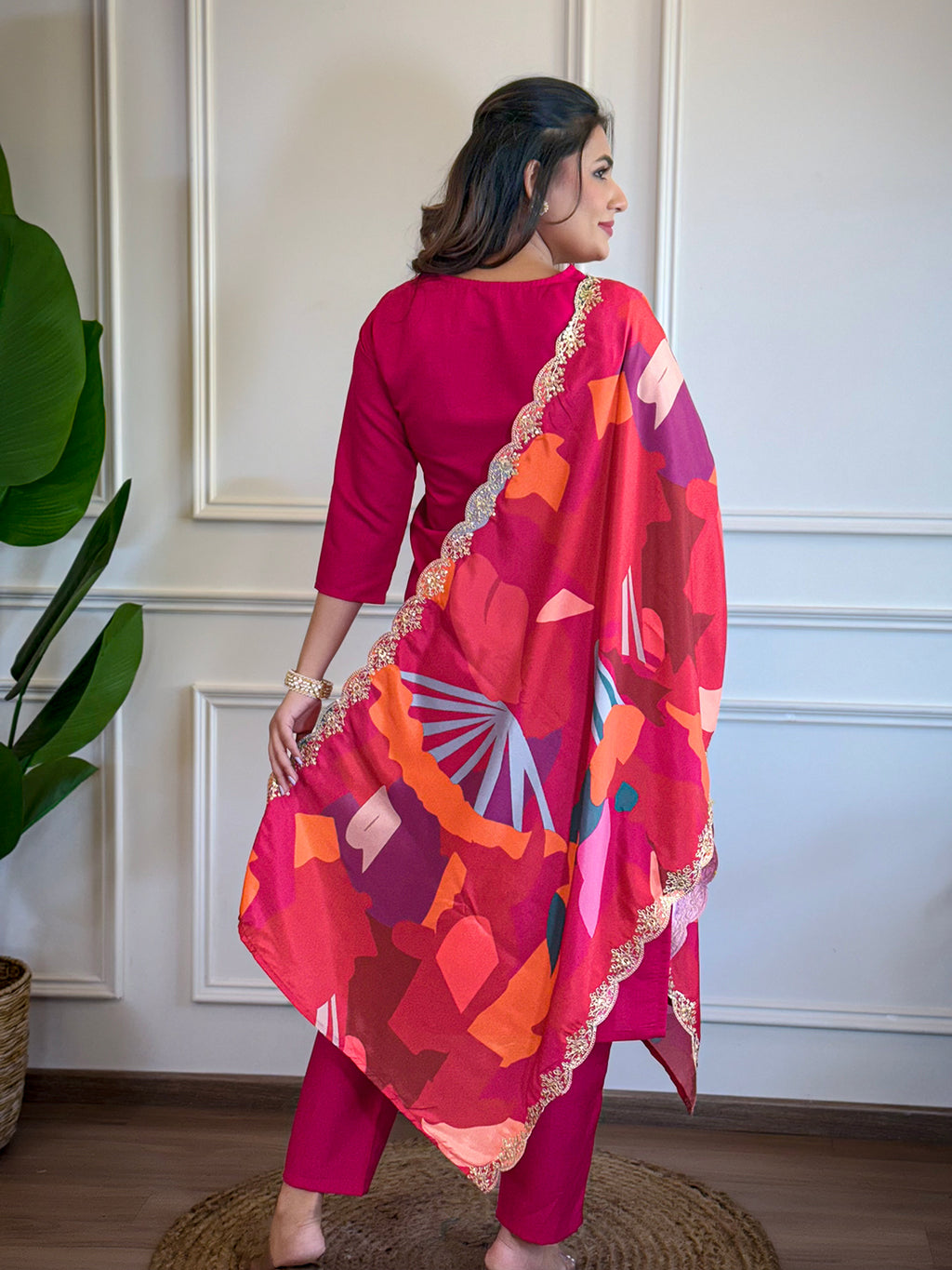 Women's Red Chanderi Embroidered Kurta Set with Pant and Dupatta