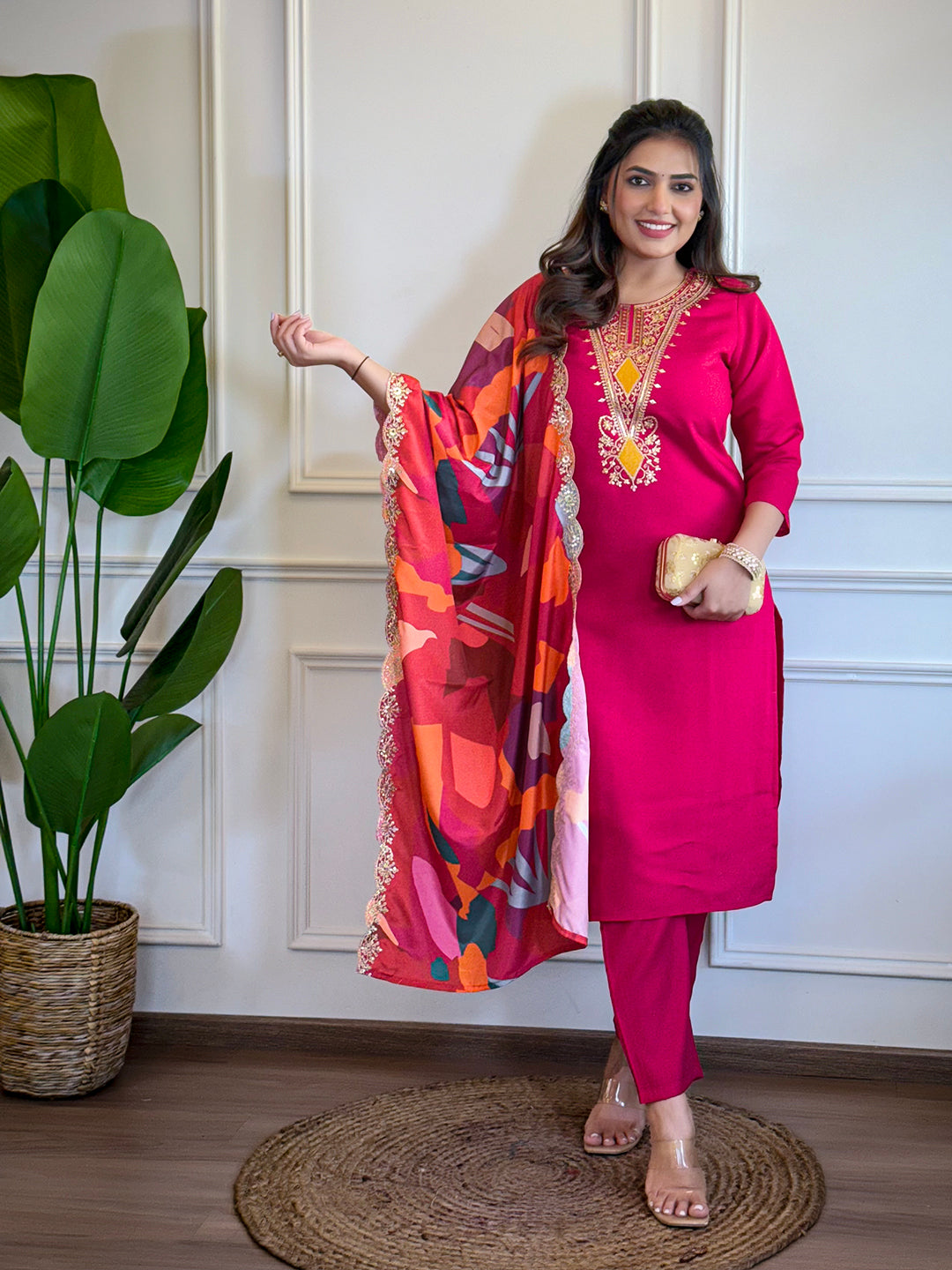 Women's Red Chanderi Embroidered Kurta Set with Pant and Dupatta