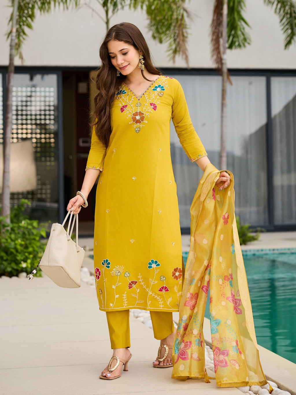 Women's Viscose Gadhwal Kurti Set with Jacquard Organza Dupatta