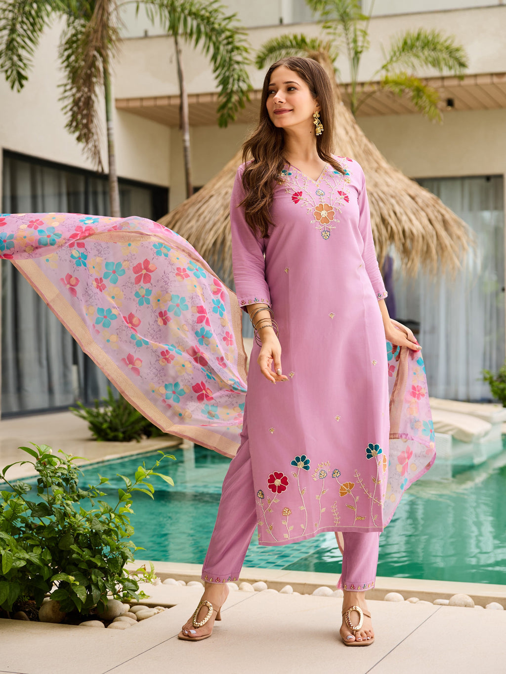 Women's Viscose Gadhwal Kurti Set with Jacquard Organza Dupatta