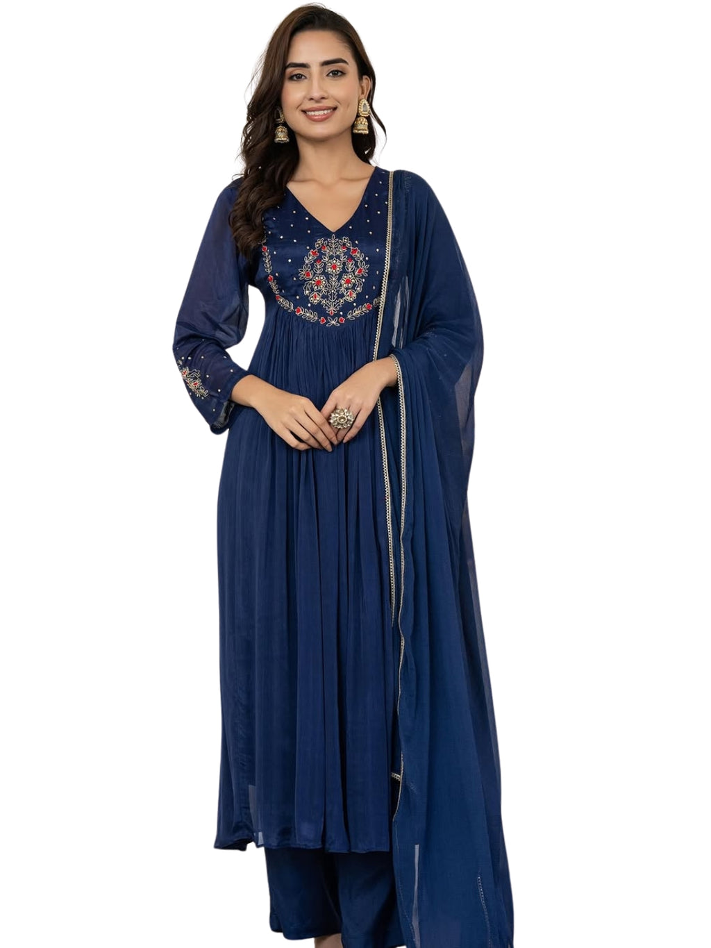 Women's Silk Chiffon Embroidered A-Line Kurta with Rayon Pant And Silk Chiffon Laced Dupatta Sets