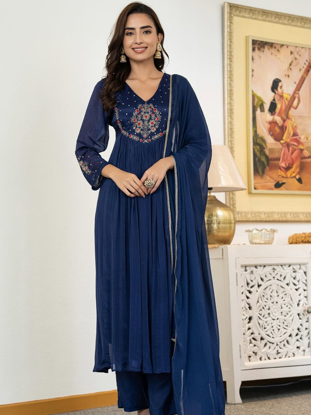 Women's Silk Chiffon Embroidered A-Line Kurta with Rayon Pant And Silk Chiffon Laced Dupatta Sets