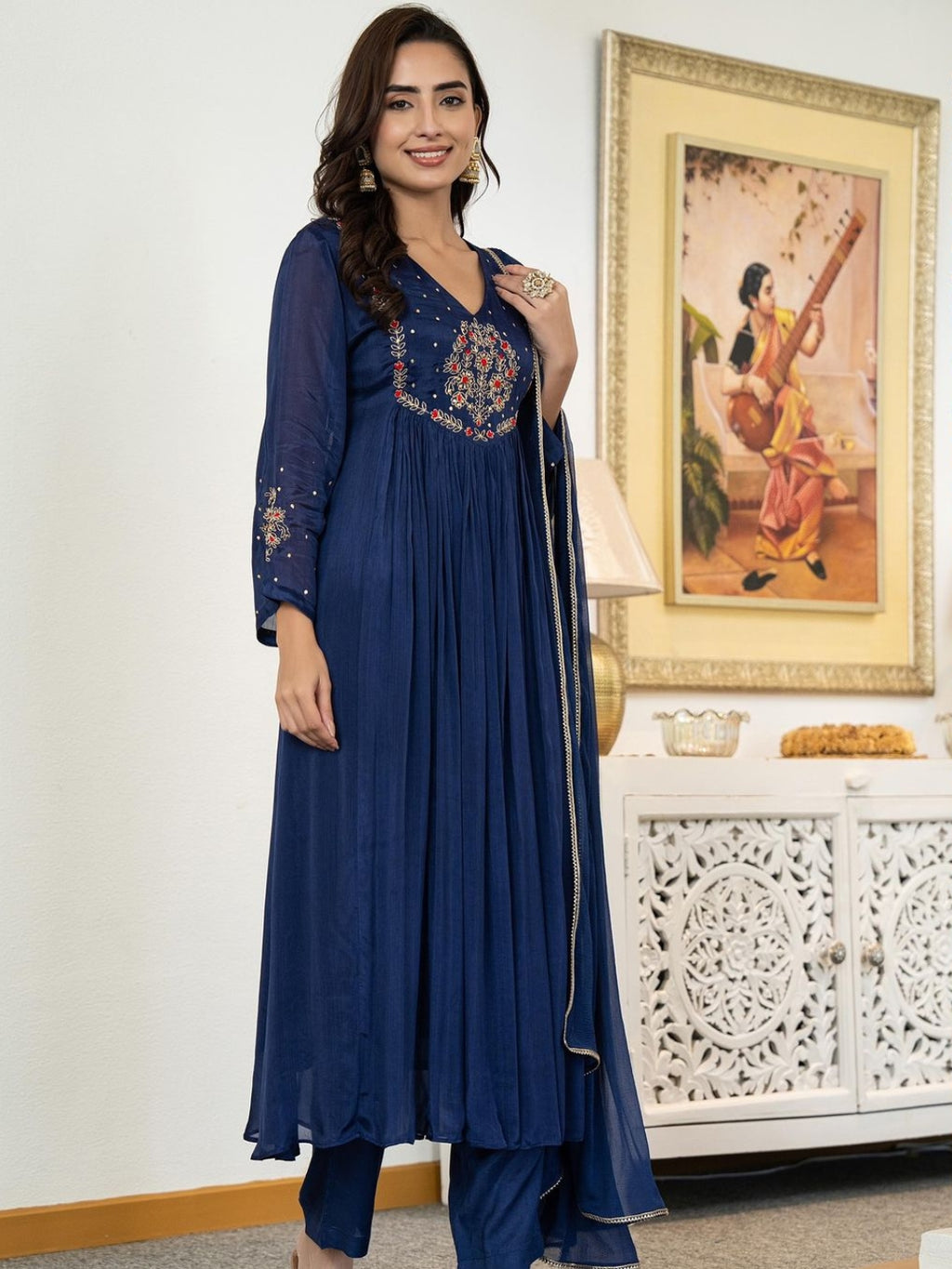 Women's Silk Chiffon Embroidered A-Line Kurta with Rayon Pant And Silk Chiffon Laced Dupatta Sets