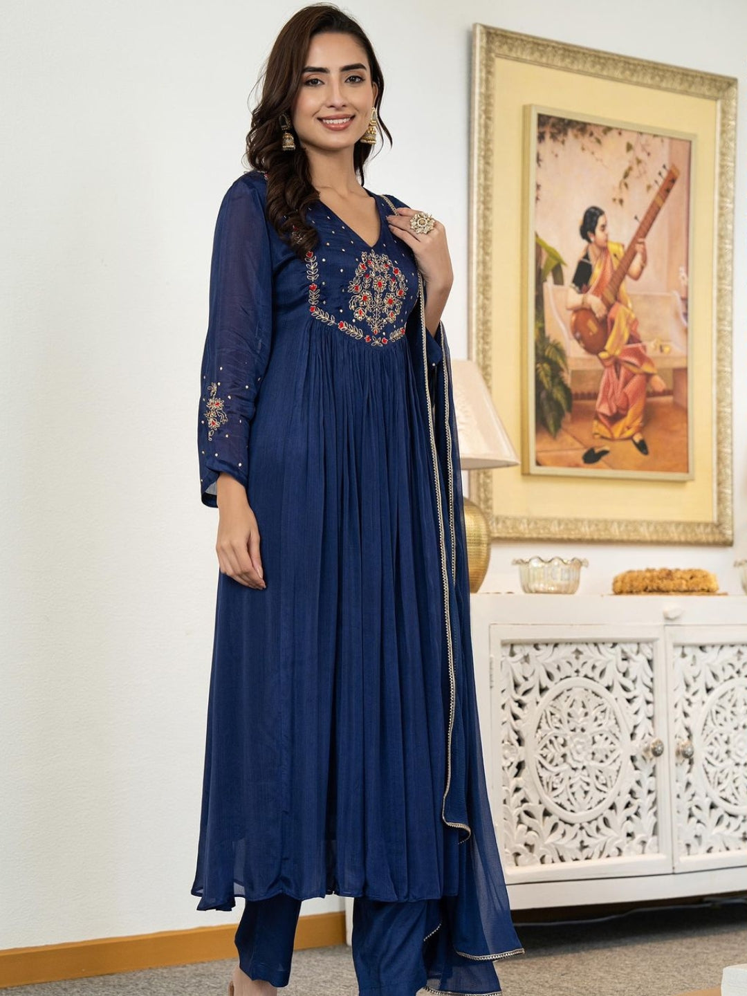 Women's Silk Chiffon Embroidered A-Line Kurta with Rayon Pant And Silk Chiffon Laced Dupatta Sets
