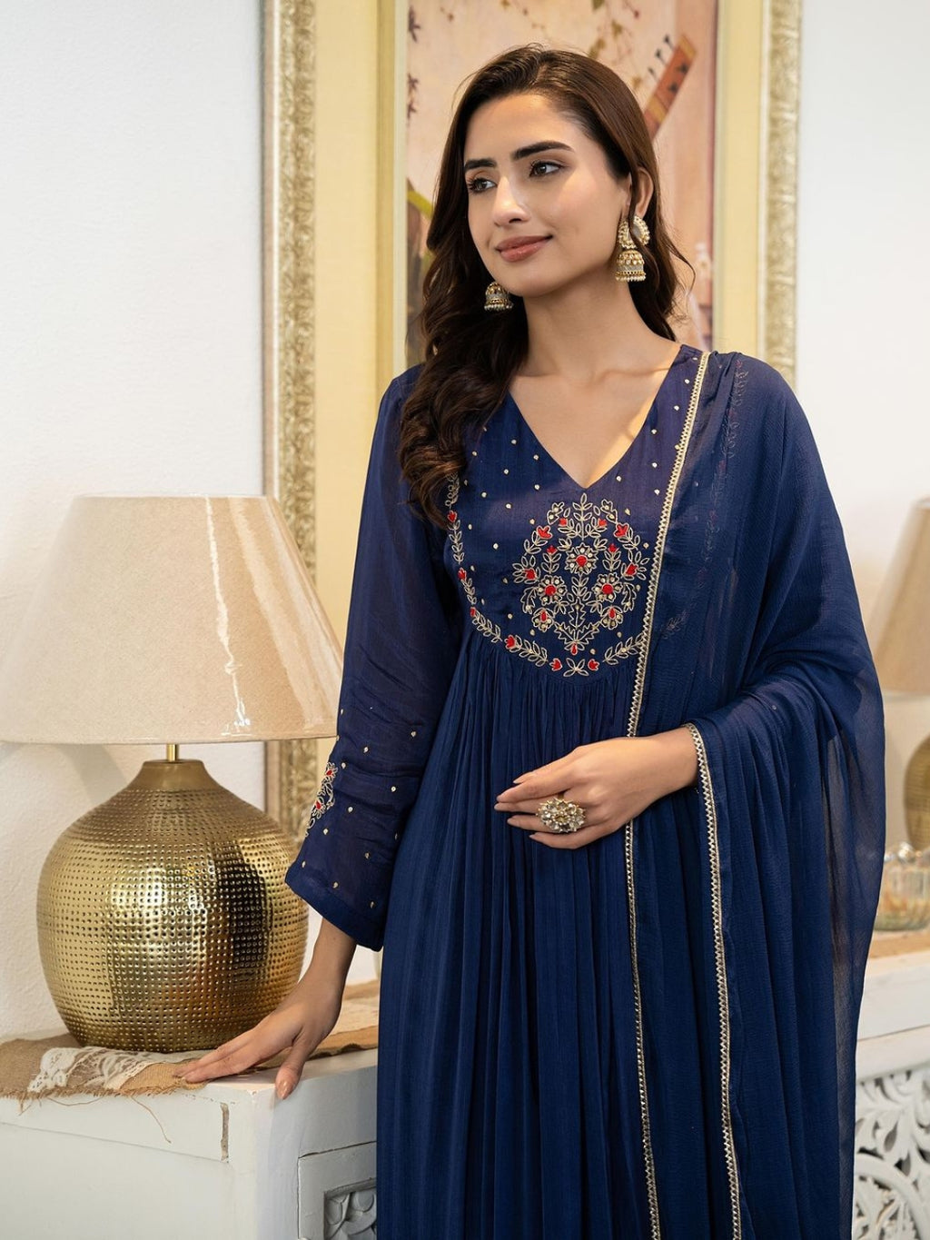 Women's Silk Chiffon Embroidered A-Line Kurta with Rayon Pant And Silk Chiffon Laced Dupatta Sets