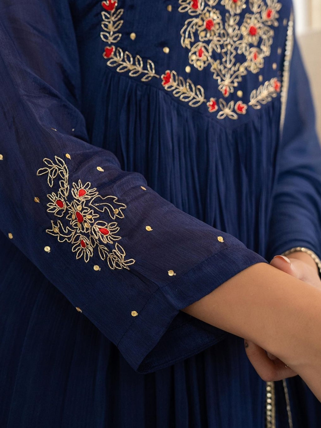 Women's Silk Chiffon Embroidered A-Line Kurta with Rayon Pant And Silk Chiffon Laced Dupatta Sets