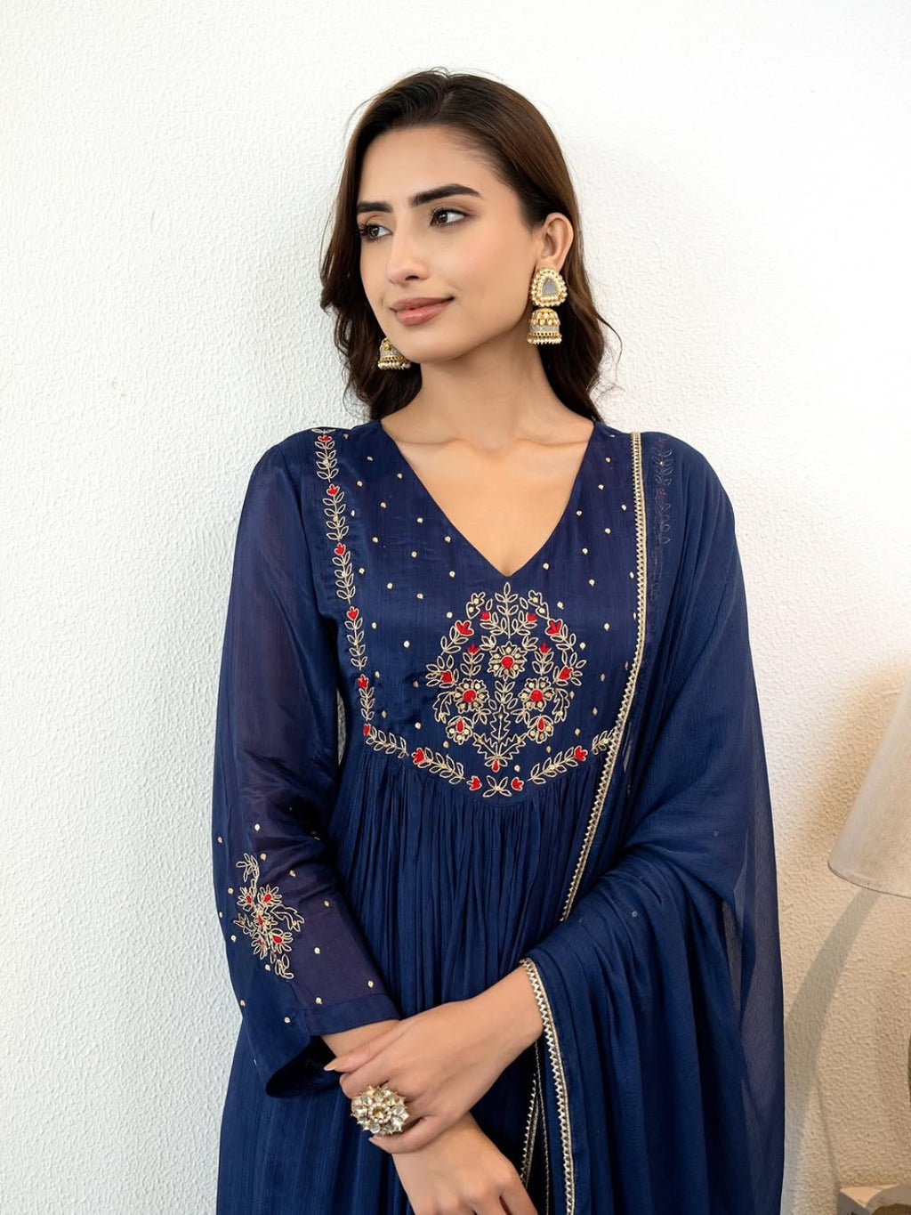 Women's Silk Chiffon Embroidered A-Line Kurta with Rayon Pant And Silk Chiffon Laced Dupatta Sets