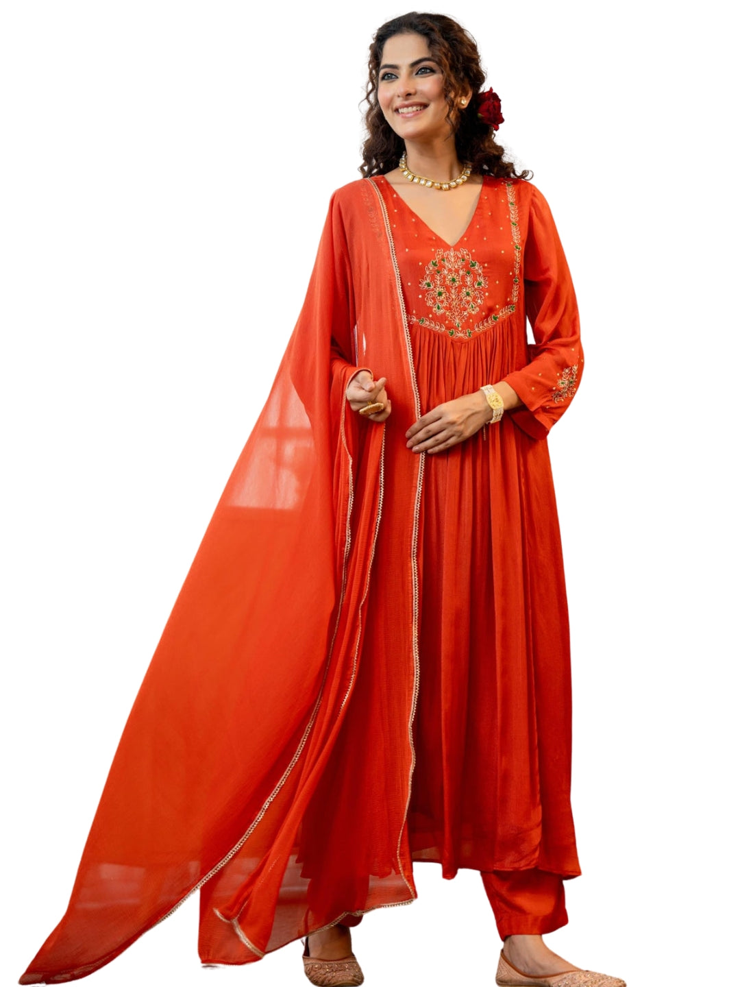 Women's Silk Chiffon Embroidered A-Line Kurta with Rayon Pant And Silk Chiffon Laced Dupatta Sets
