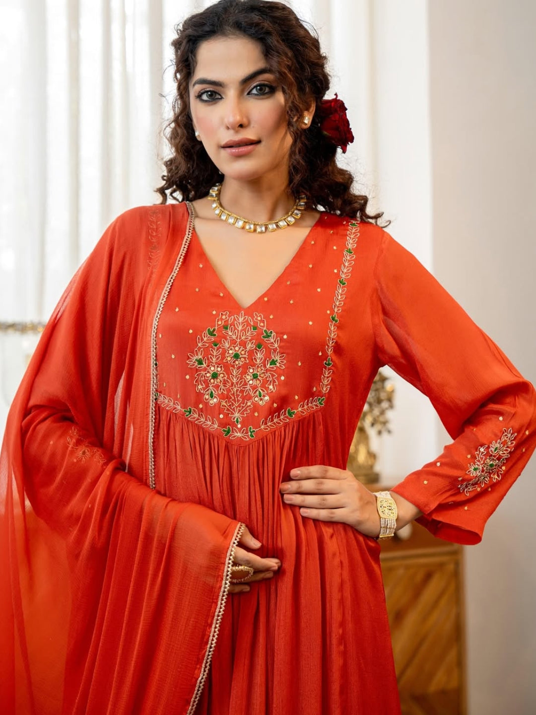 Women's Silk Chiffon Embroidered A-Line Kurta with Rayon Pant And Silk Chiffon Laced Dupatta Sets