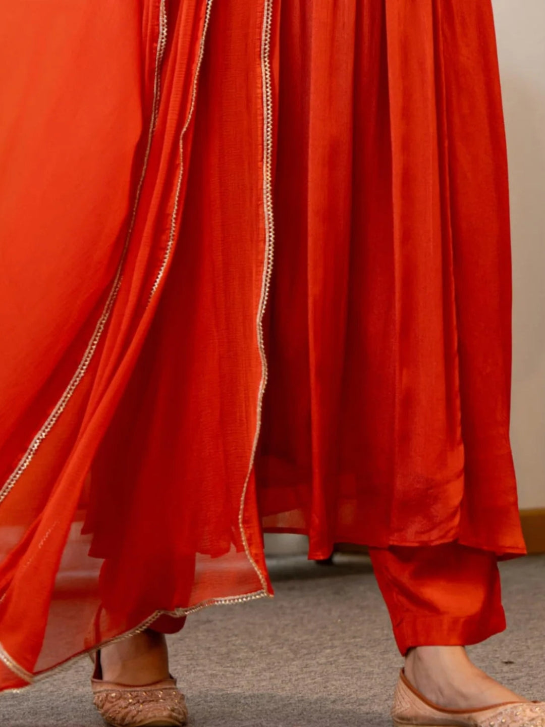 Women's Silk Chiffon Embroidered A-Line Kurta with Rayon Pant And Silk Chiffon Laced Dupatta Sets