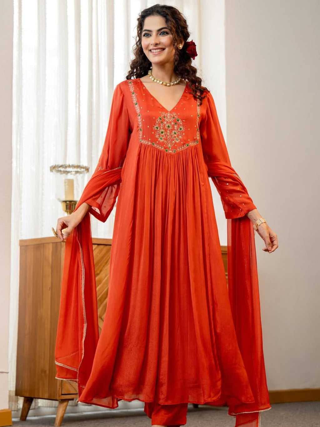 Women's Silk Chiffon Embroidered A-Line Kurta with Rayon Pant And Silk Chiffon Laced Dupatta Sets