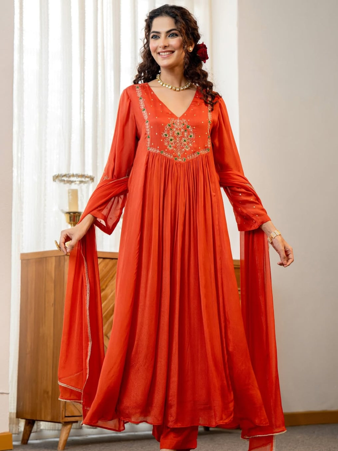 Women's Silk Chiffon Embroidered A-Line Kurta with Rayon Pant And Silk Chiffon Laced Dupatta Sets