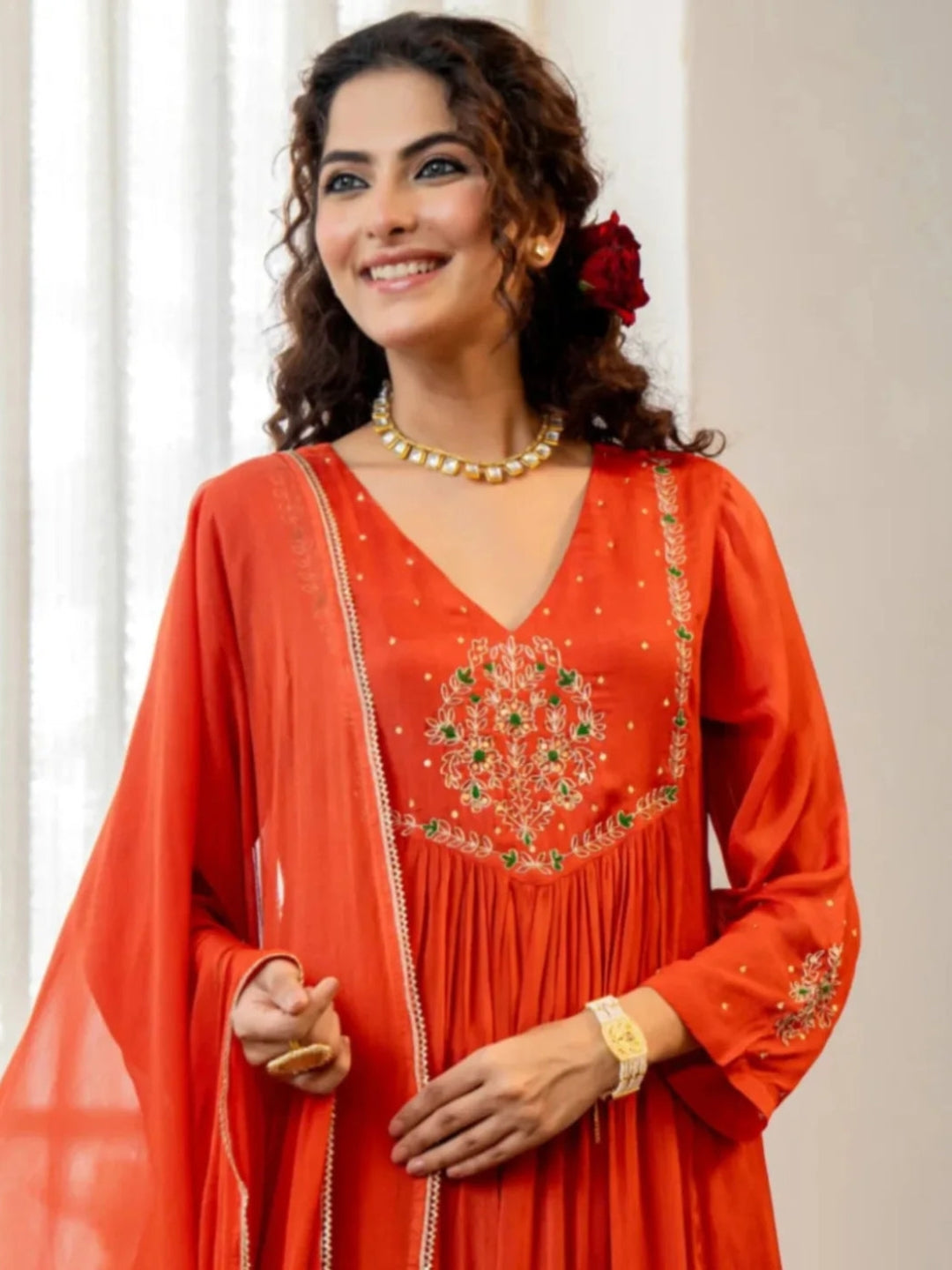 Women's Silk Chiffon Embroidered A-Line Kurta with Rayon Pant And Silk Chiffon Laced Dupatta Sets