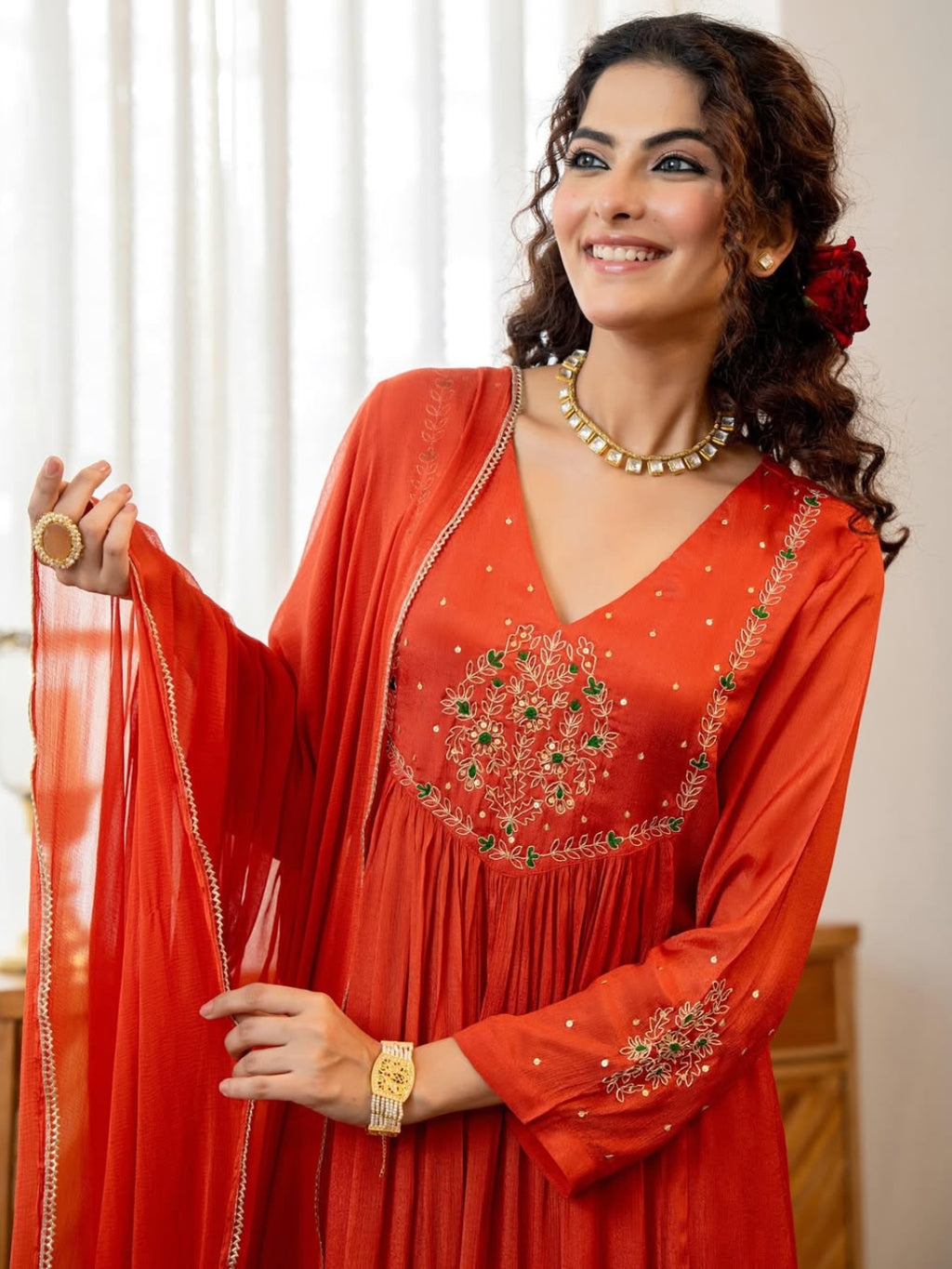 Women's Silk Chiffon Embroidered A-Line Kurta with Rayon Pant And Silk Chiffon Laced Dupatta Sets