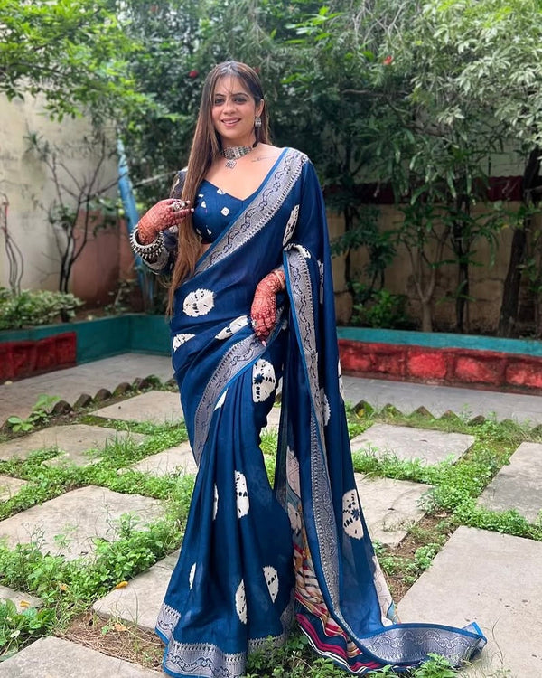Navy Blue Tussar Silk Saree with White Floral Prints & Zari Border