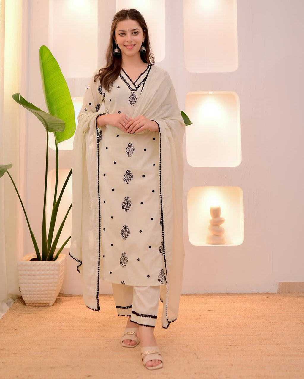 Women's Cream Rayon Slub Kurti Pant Set with Kota Check Dupatta