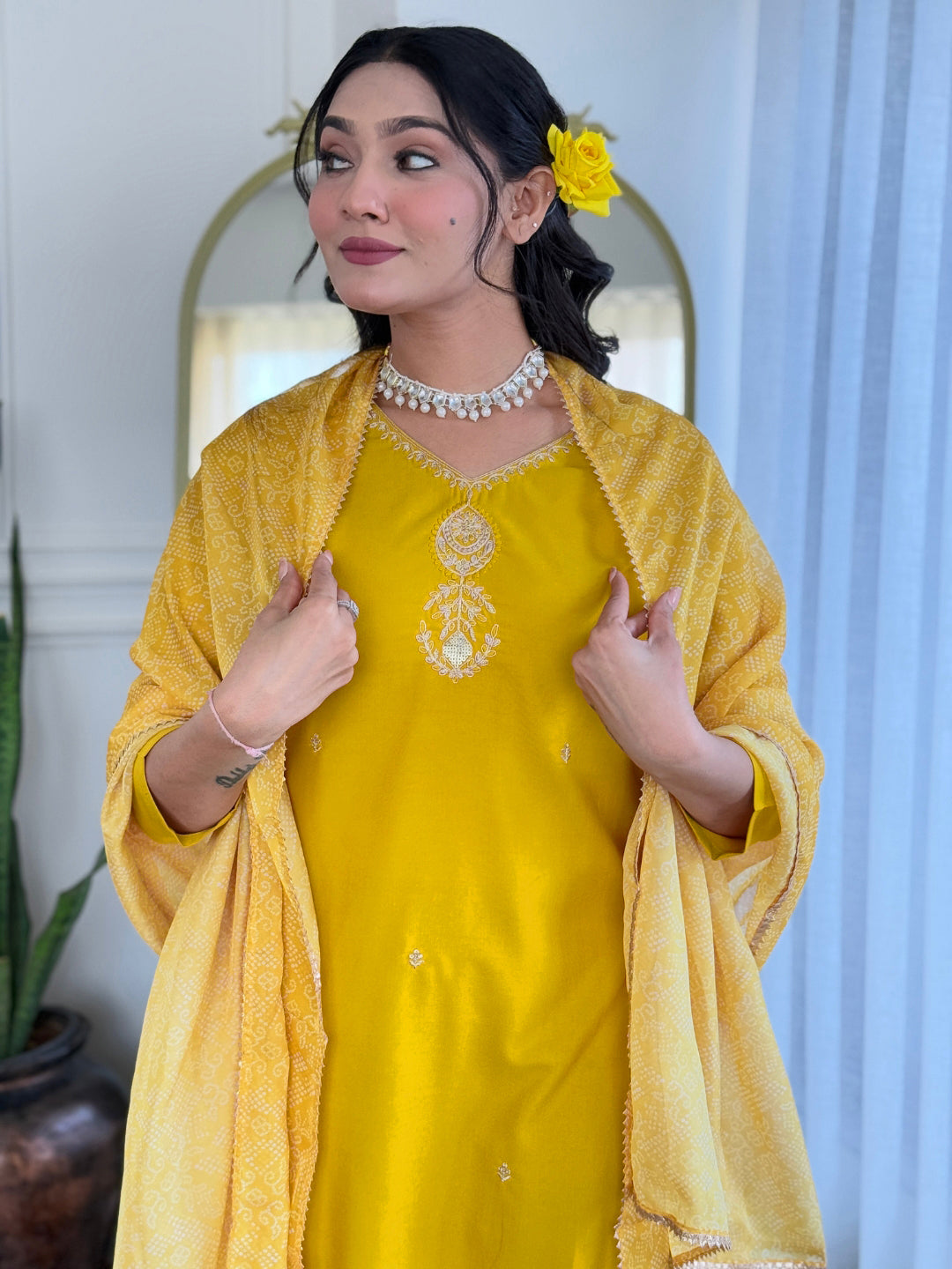 Women's Rayon Embroidered Straight Kurta with Rayon Pant And Taby Laced Dupatta Sets