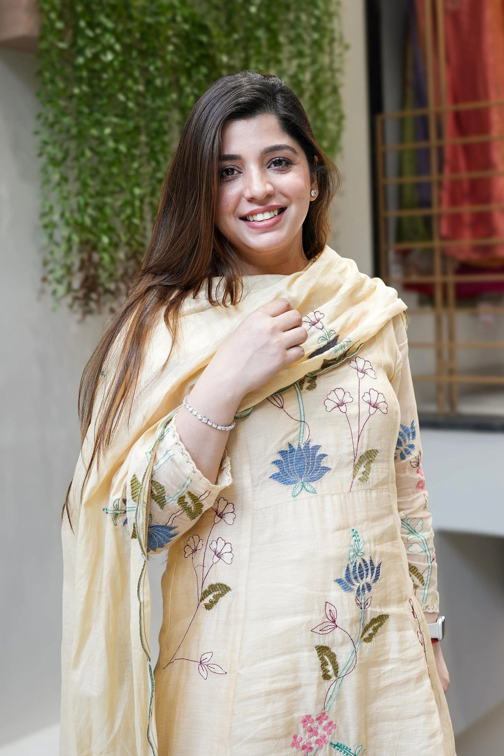 Viscose Chanderi Embroidered Kurti Set with Dupatta