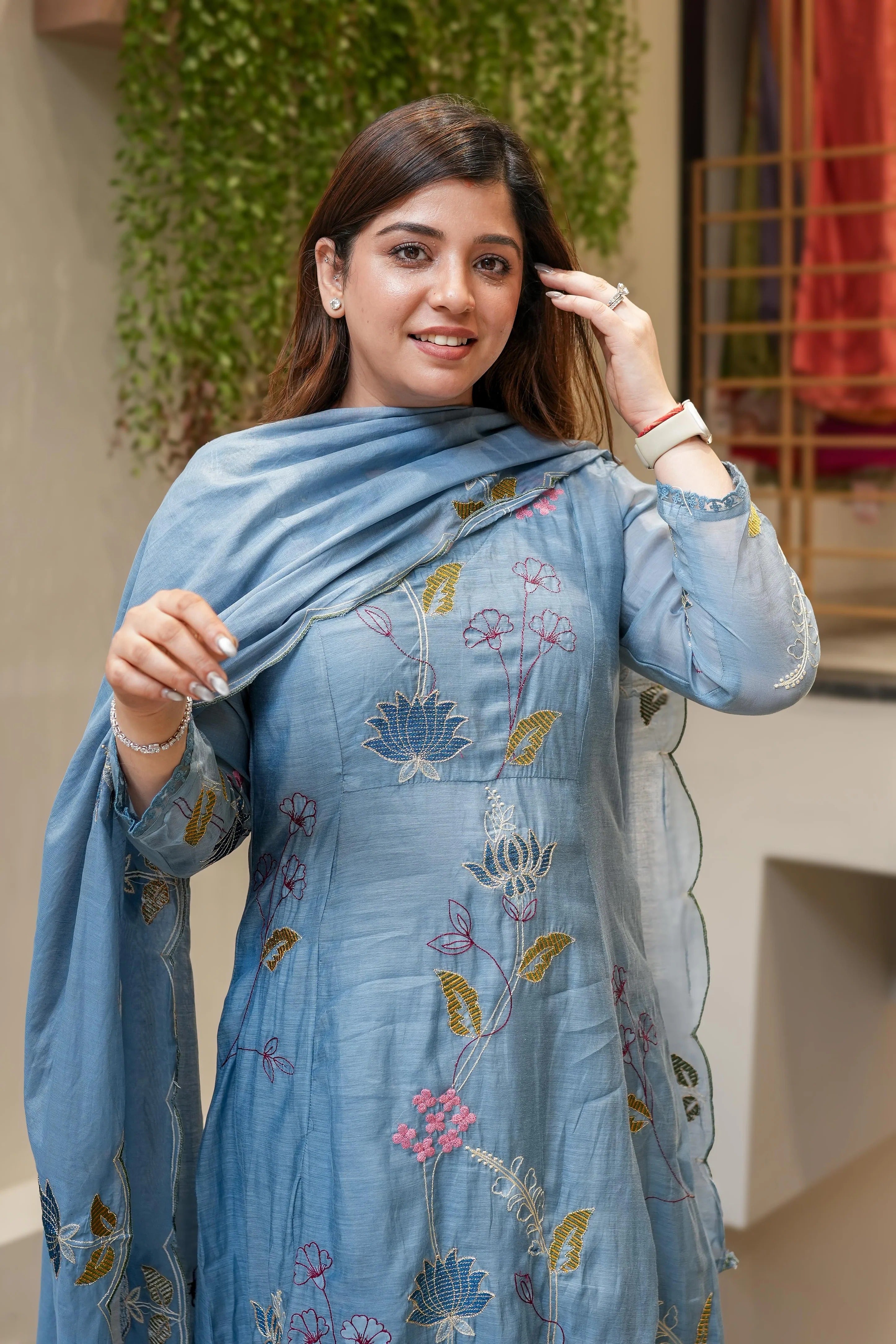 Viscose Chanderi Embroidered Kurti Set with Dupatta