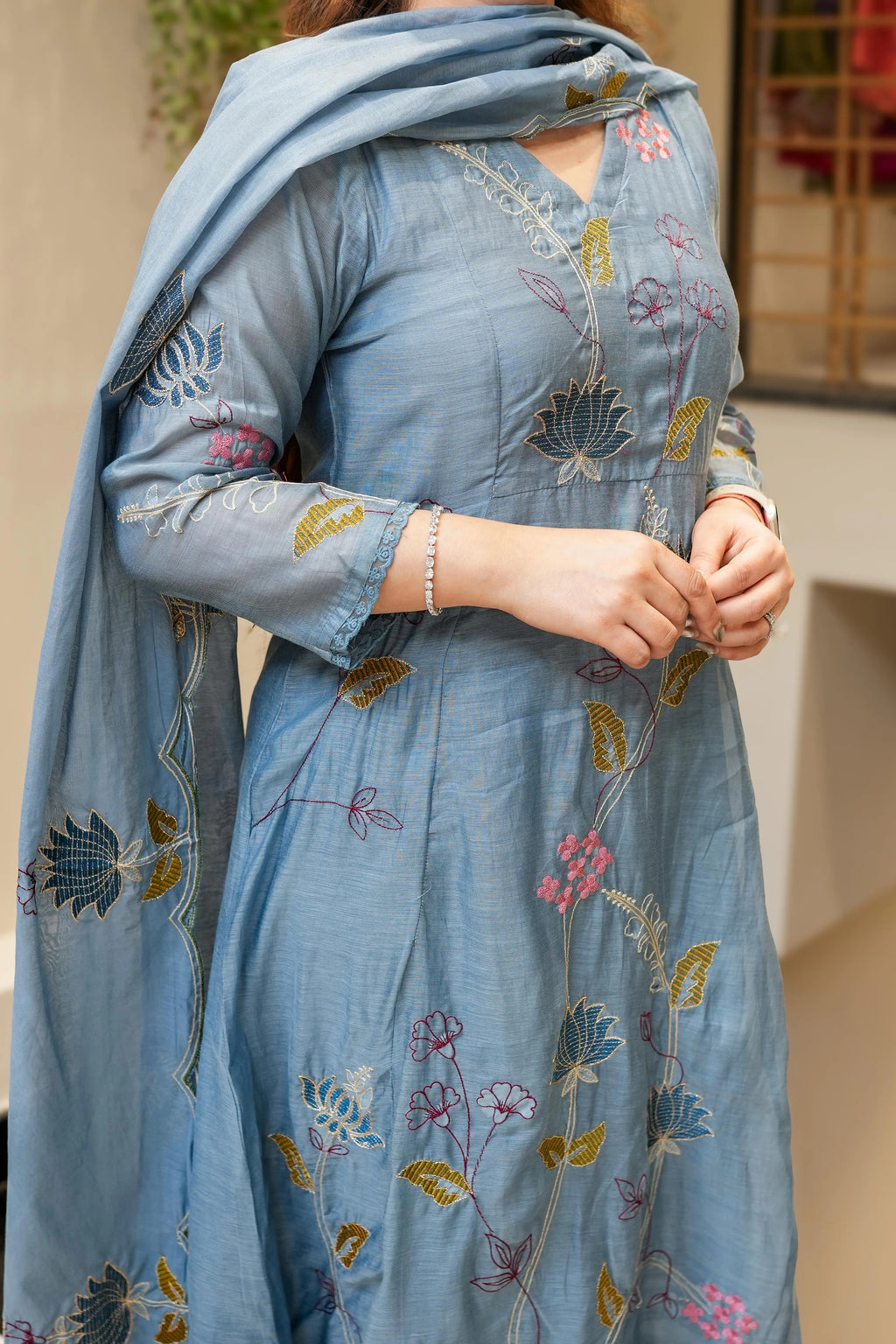 Viscose Chanderi Embroidered Kurti Set with Dupatta