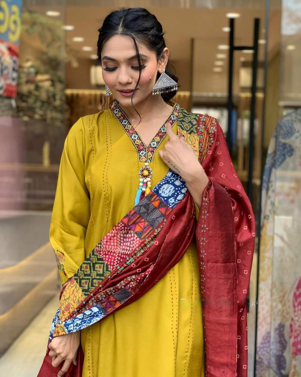 Women's Mustard A-Line Chanderi Viscose Kurta Set with Neutral Crepe Dupatta